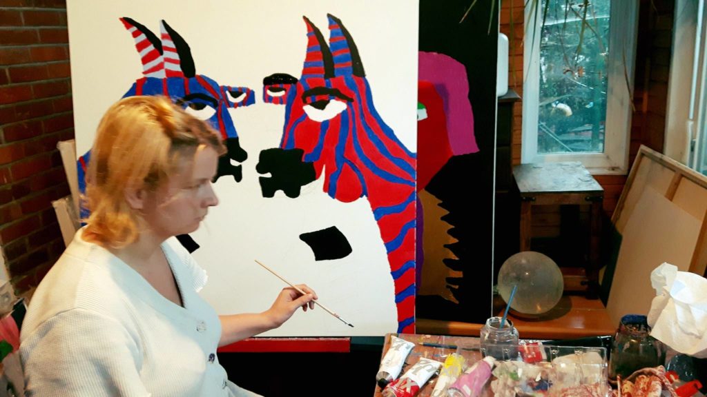 Alana Barrell Painting Zebras Preparing for Exhibition